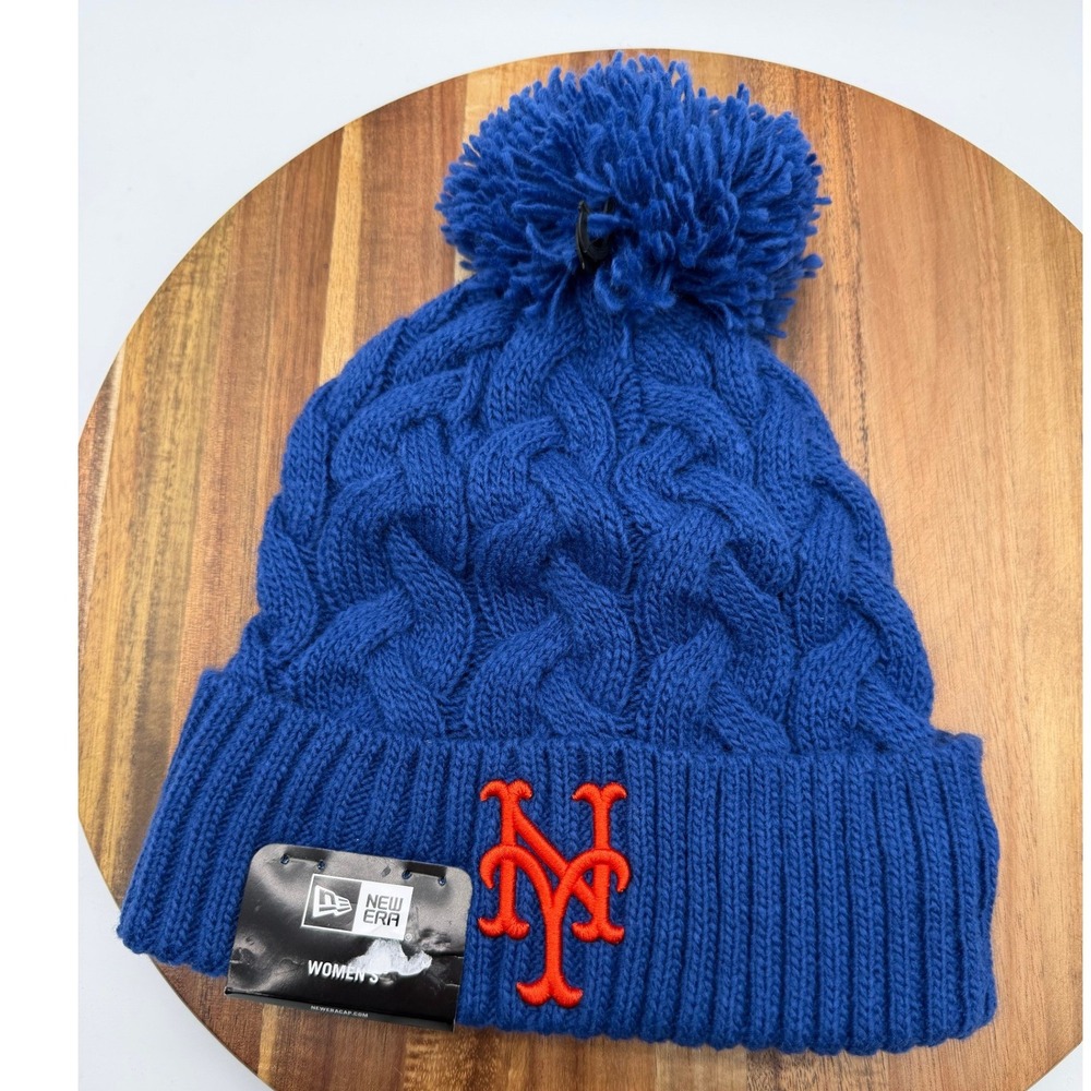 New Era New York Mets Womens Knit Beanie Hat Blue Cable Pom 2079